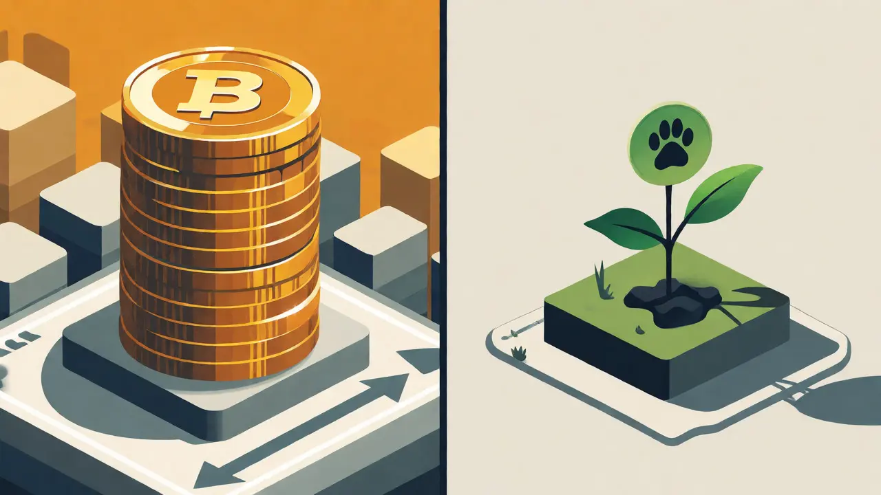 Isometric illustration comparing a large Brett coin tower to a small Brogg sapling.