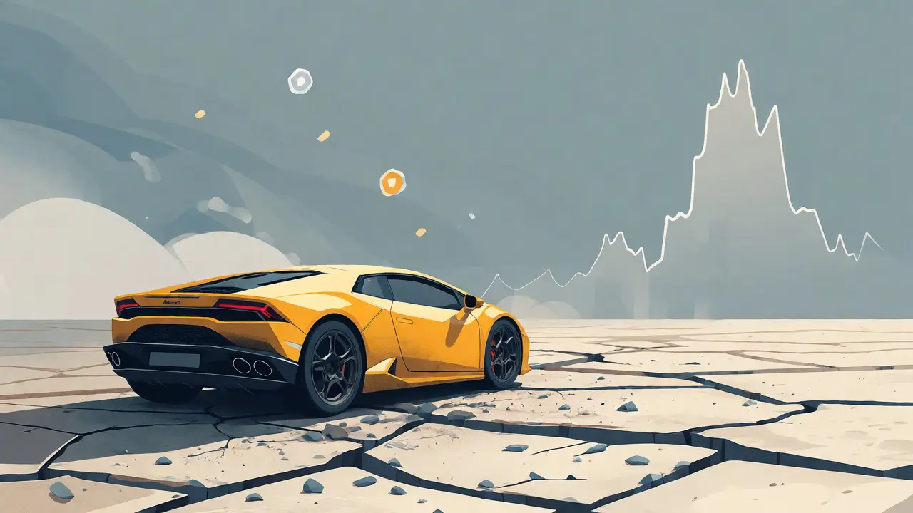 Neglected Lamborghini in a dry digital landscape symbolizing low liquidity