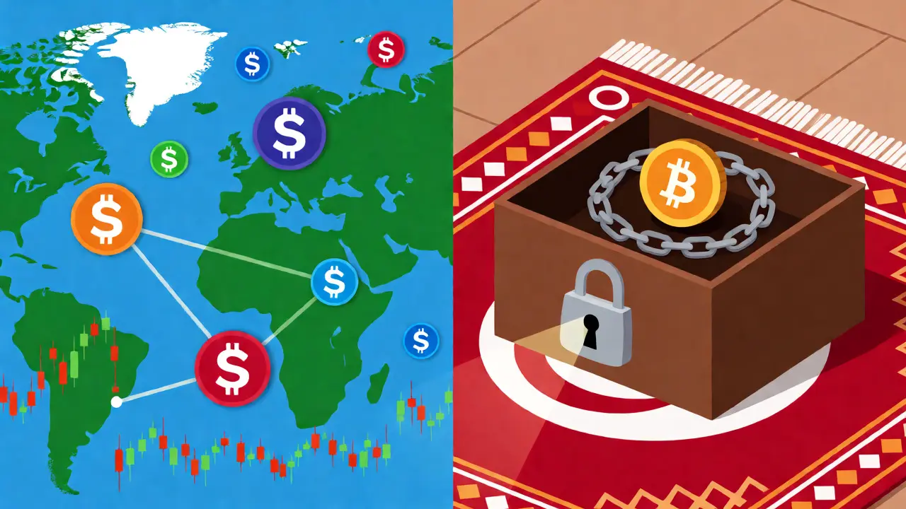 Split view of global crypto market versus a locked Tunisian Bitcoin box.