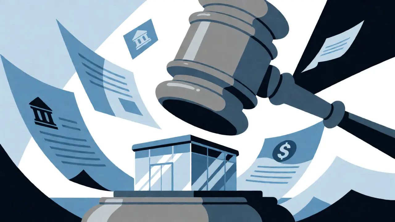 Stylized gavel crushing a small glass exchange building amidst regulatory papers.