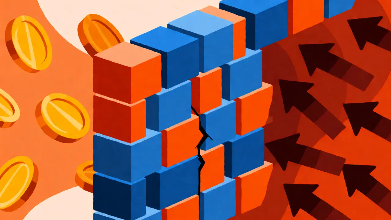 Stylized shield wall of colored blocks protecting golden coins from red volatility arrows, representing the FLX backstop.