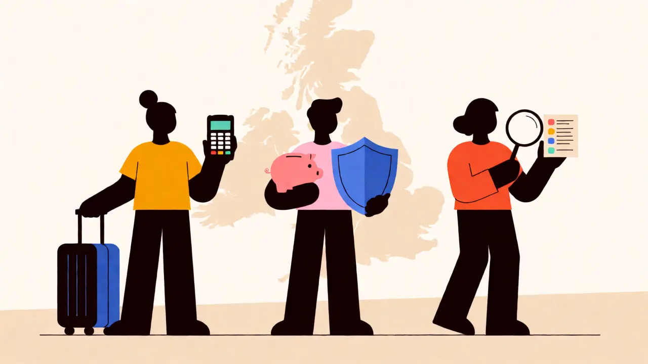 Three illustrated characters representing different user profiles for a crypto banking service.