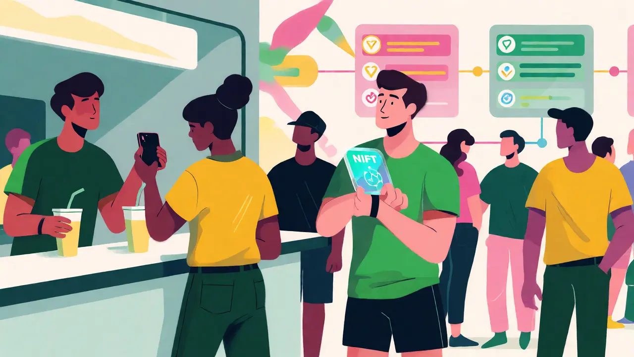 Attendees using NFT tickets for payments and exclusive access at a festival