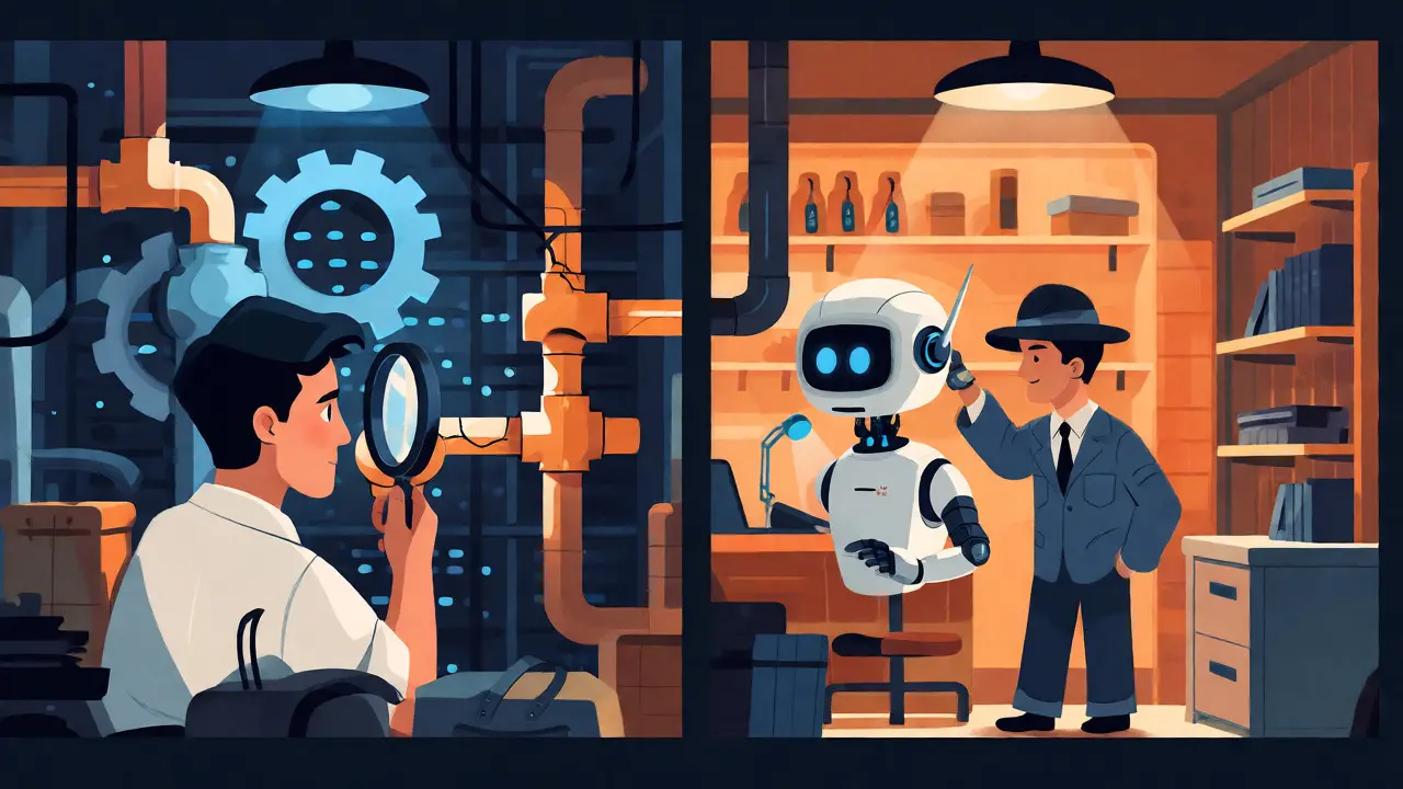 Auditors inspecting code pipes in a digital workshop, mixing human review and automated scanning.
