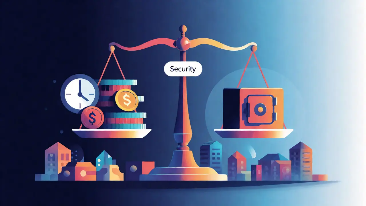 Balanced scale weighing crypto variety against security in a flat art style