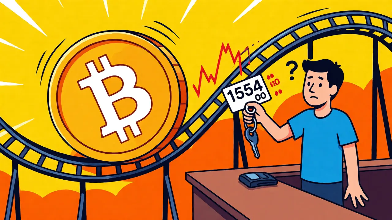 Bitcoin on a volatile rollercoaster confusing a merchant during a sale.
