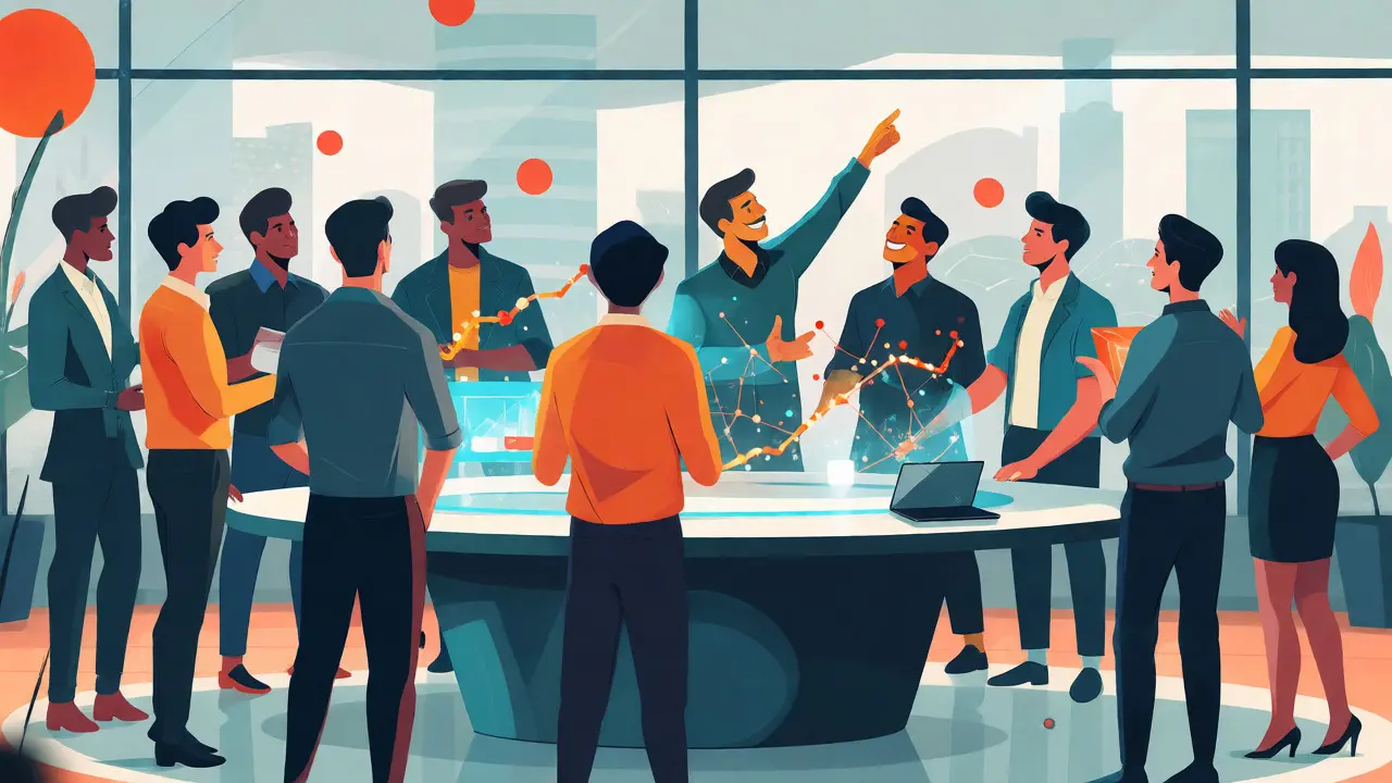 Business professionals collaborating around a table with holographic financial data projections in cartoon style.