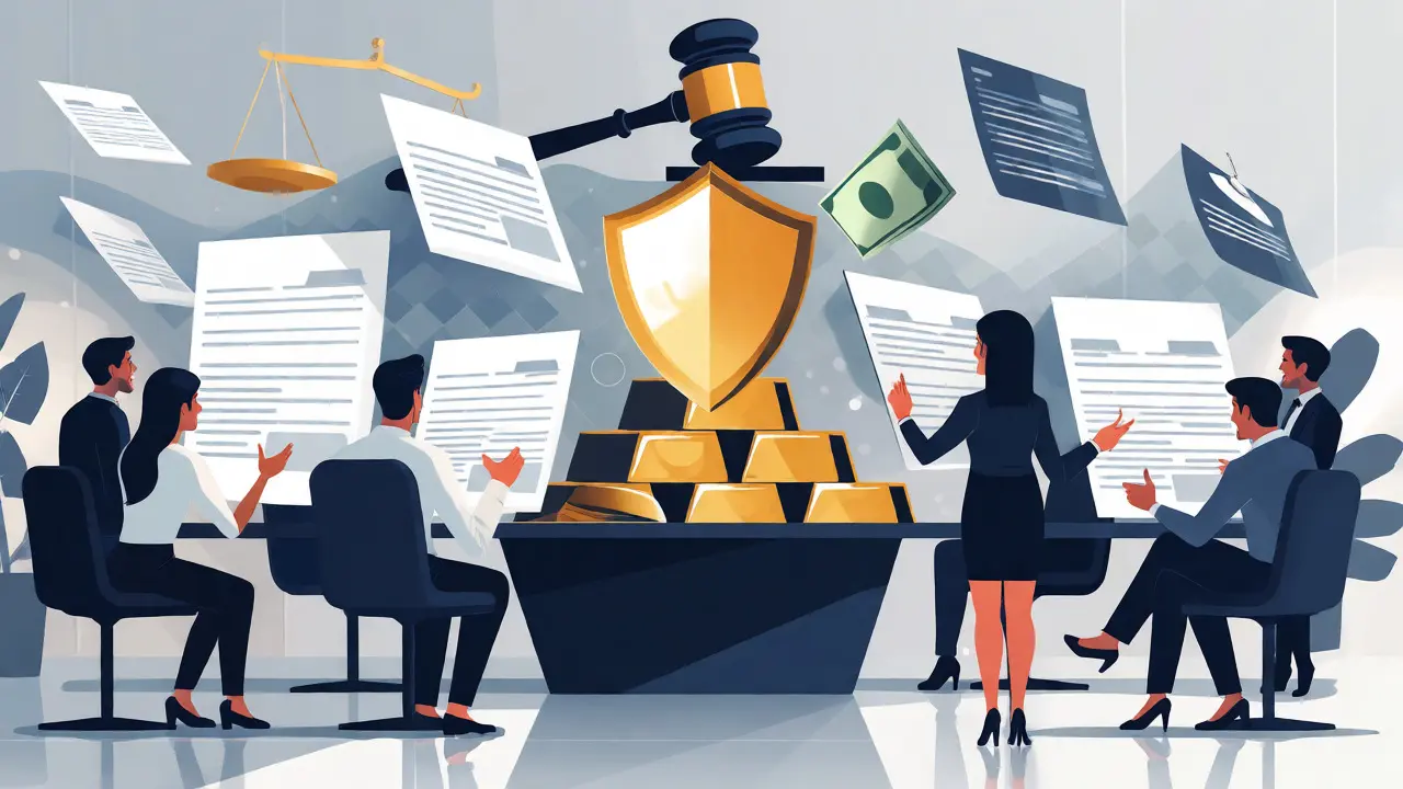 Business professionals reviewing financial requirements under a shield of regulatory security.
