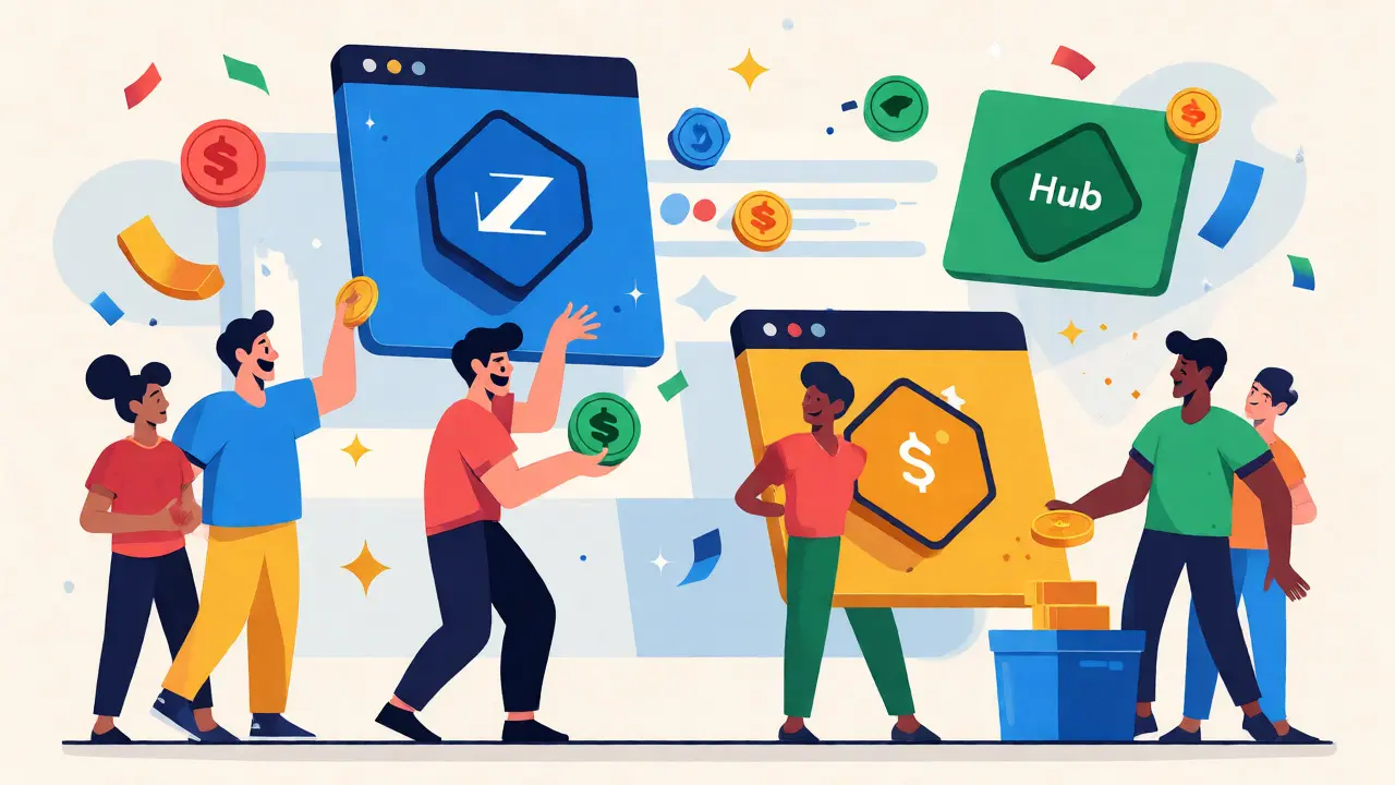 Cartoon characters performing swaps and adding liquidity in DeFi
