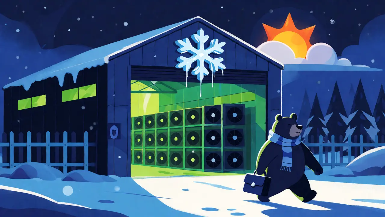 Cartoon of a glowing crypto mining warehouse blocked by winter snowflakes in a Russian landscape.