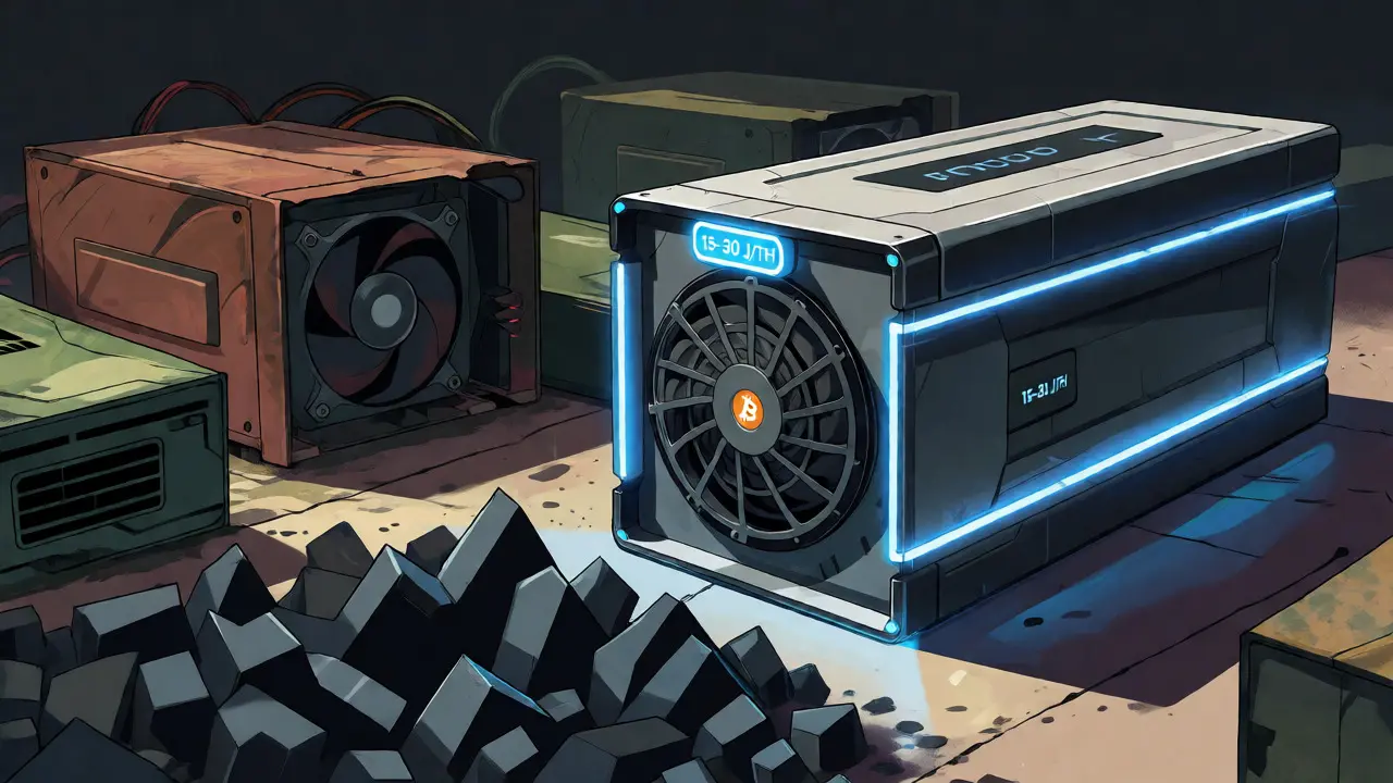 Cartoon style showing efficient ASICs outcompeting obsolete GPU rigs amidst rising difficulty.