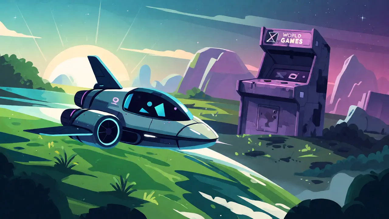 Flat illustration comparing modern blockchain games soaring ahead while older projects fade into the background.