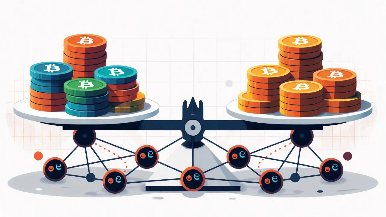 Flat illustration of a balance scale comparing crypto assets with RUNE tokens
