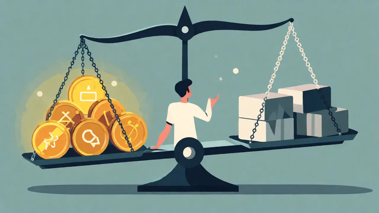 Flat illustration of a balance scale comparing glowing crypto tokens against heavy fee blocks, showing imbalance.