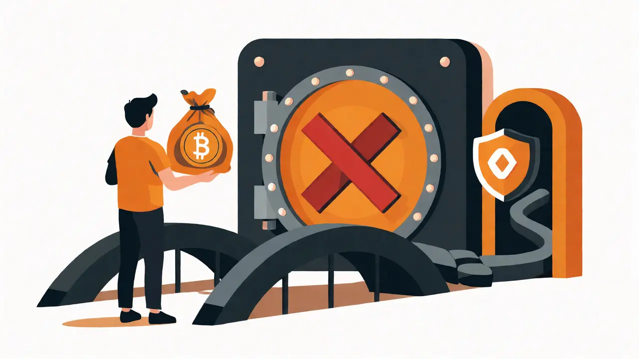 Flat illustration of a blocked bank vault and a broken bridge path, symbolizing difficult withdrawal processes.