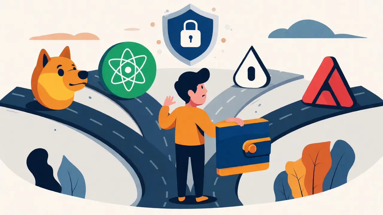 Flat illustration of a user navigating multiple blockchain options with a secure wallet