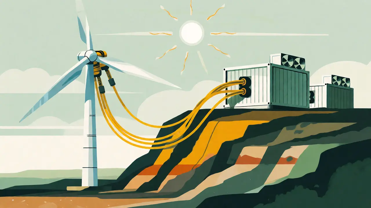 Flat illustration of wind turbines powering mining containers via yellow energy cables.