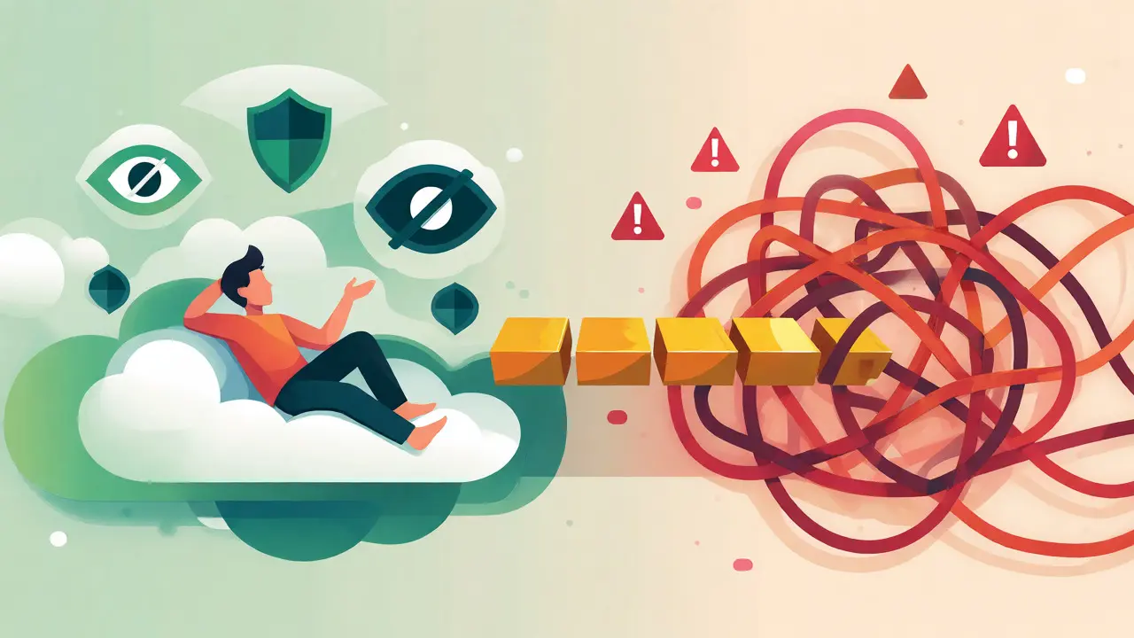 Illustration contrasting crypto privacy benefits with third-party dependency risks