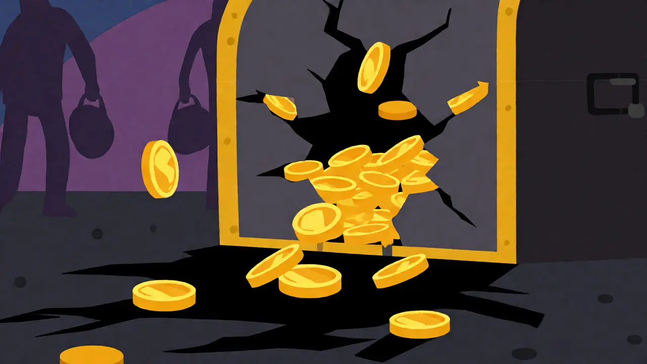 Illustration of a cracked digital vault leaking gold coins symbolizing a crypto hack