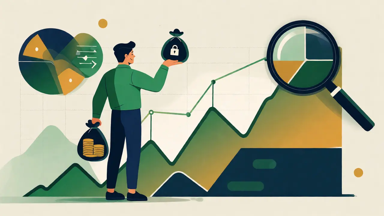 Investor analyzing a stable growth chart while holding crypto assets in flat illustration