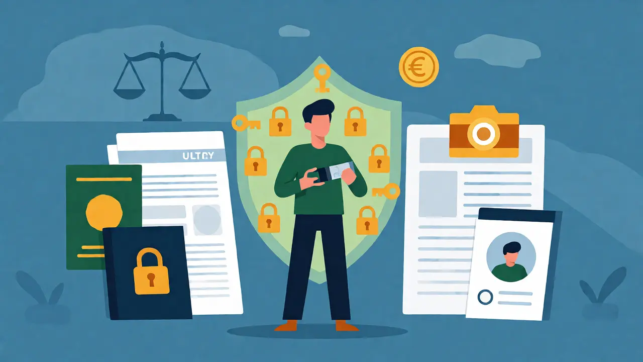 Person holding a hardware wallet surrounded by KYC document icons.