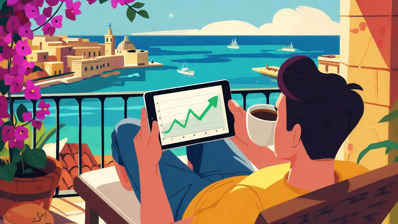 Person relaxing on a balcony in Malta viewing a profit chart