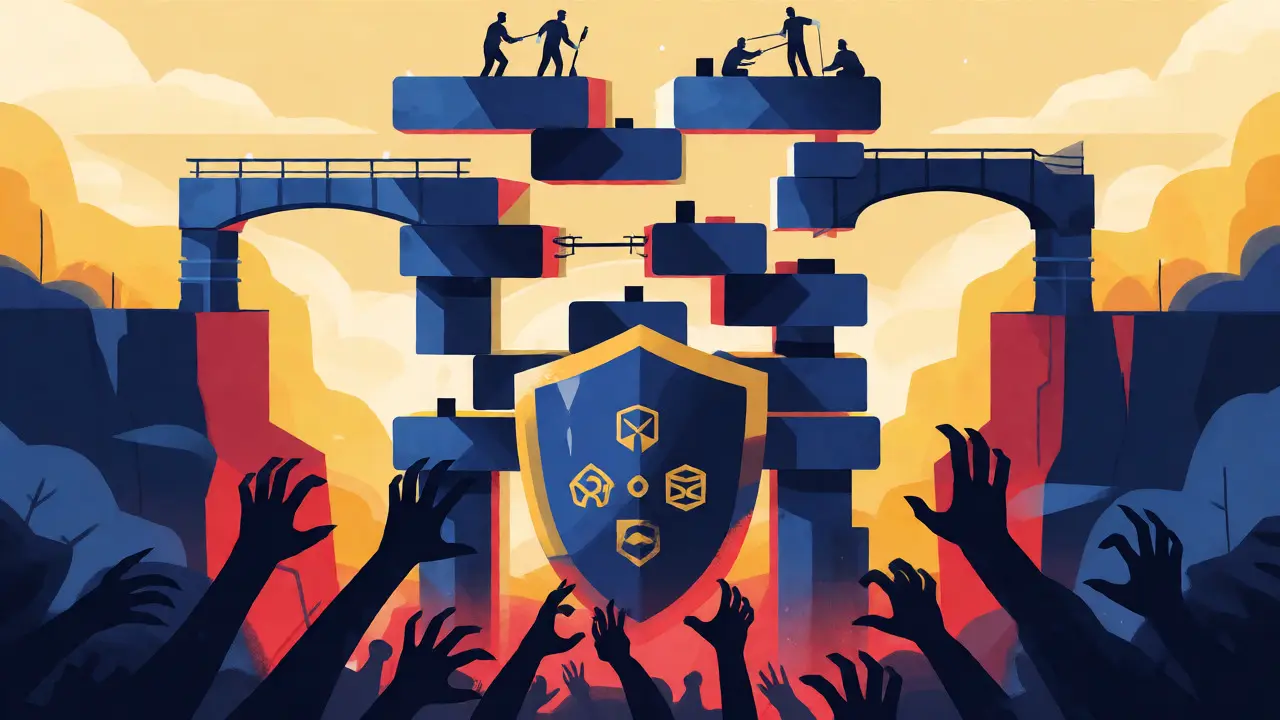 Shield protecting a block tower from hacker claws, symbolizing smart contract audit security.