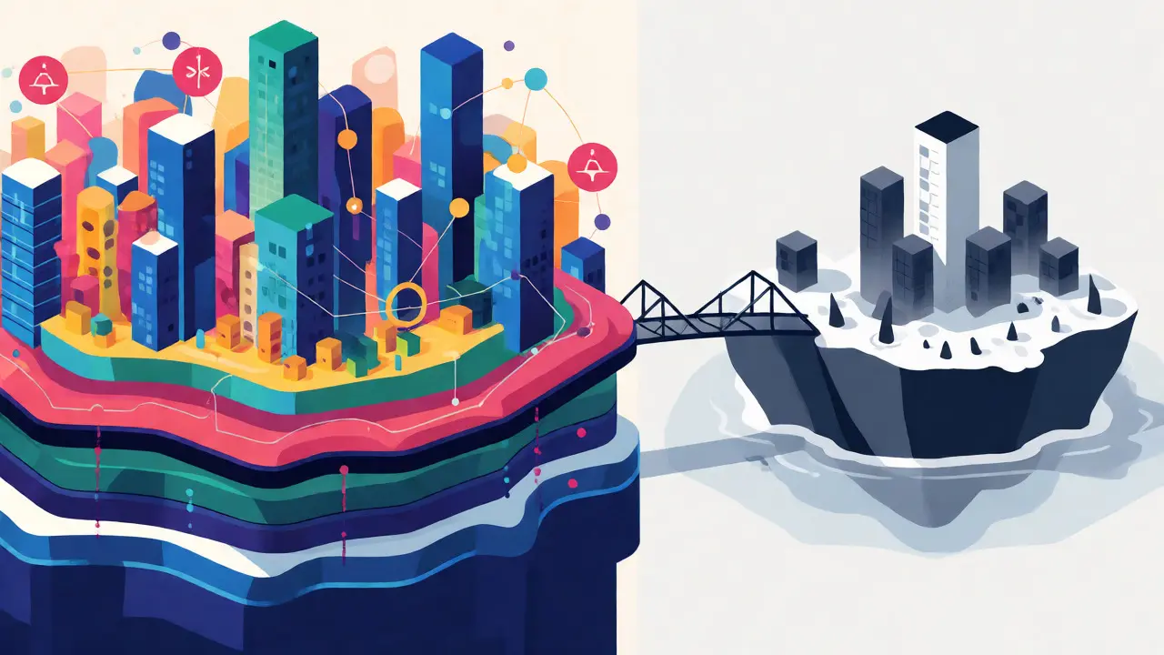 Split scene contrasting a vibrant connected network with a tiny isolated island