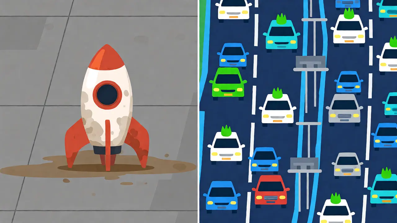 Split-screen flat art contrasting an idle rocket with a busy highway of competitors