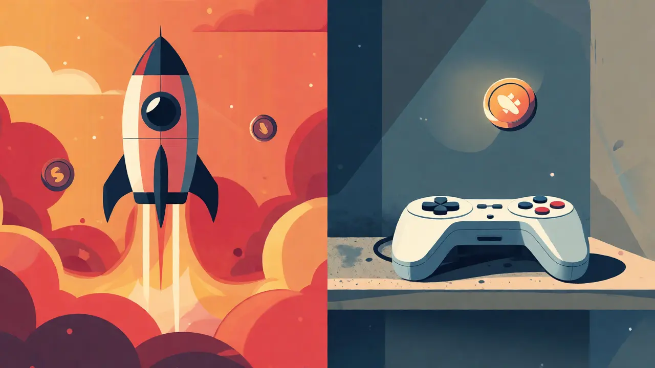 Split-screen flat art contrasting the 2021 XWG launch rocket with its idle 2026 state.