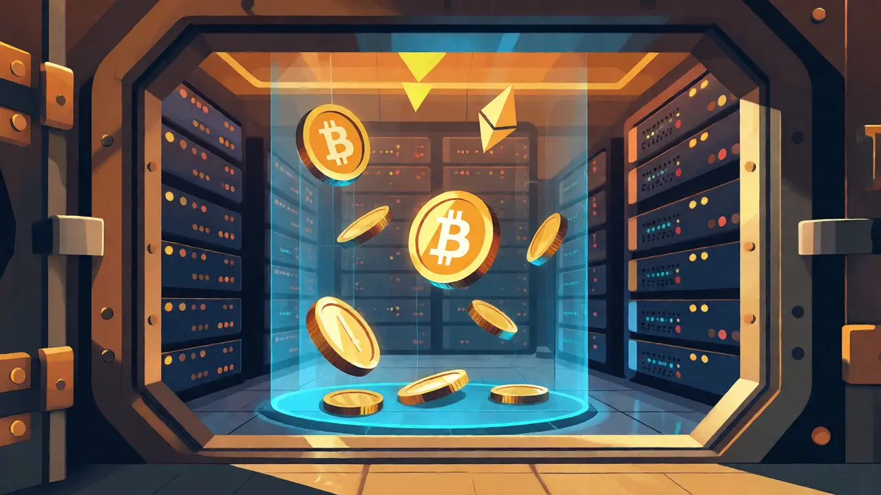 Stylized vault interior showing protected cryptocurrencies and redundant server infrastructure in flat art style.