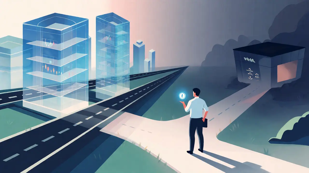 Trader choosing between a clear highway and a foggy path