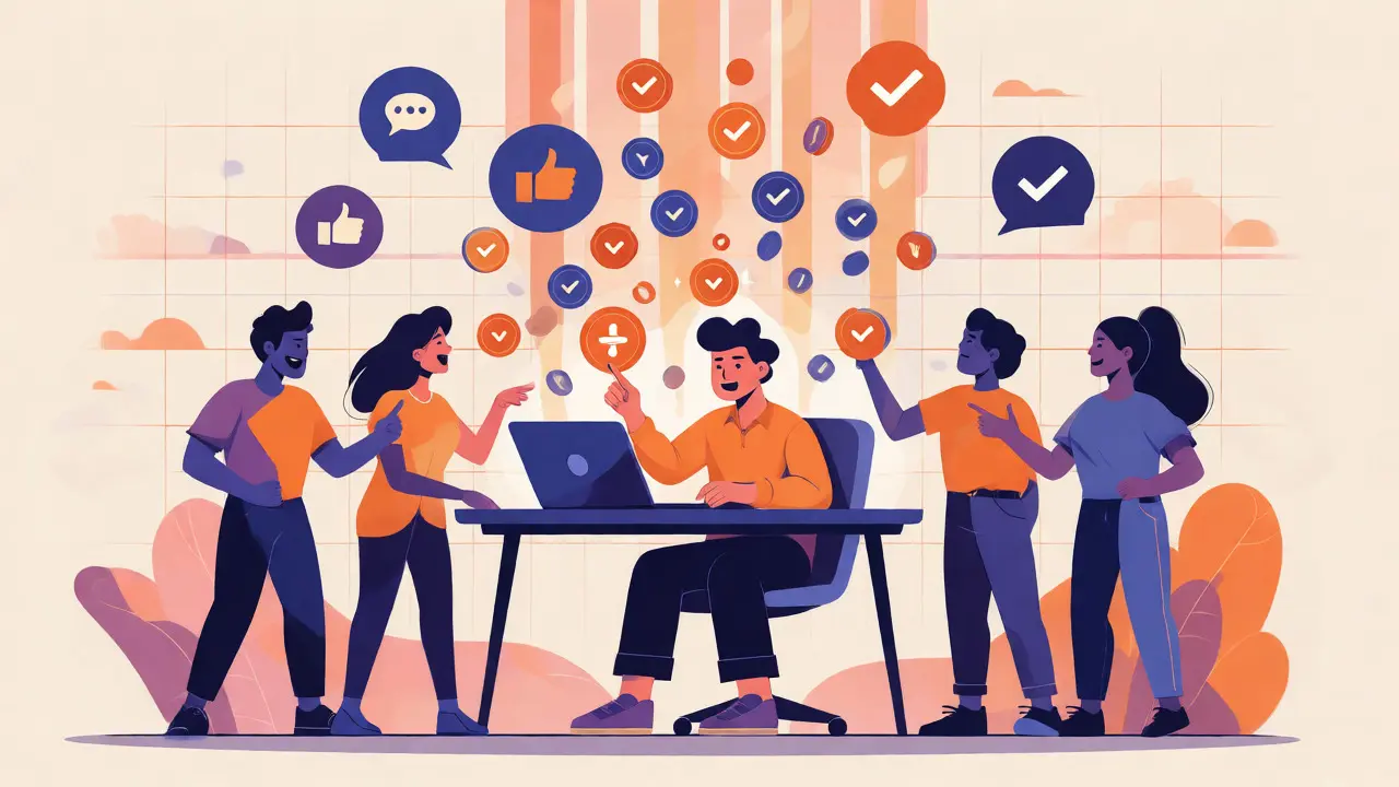 User receiving digital tokens after completing online tasks in a flat cartoon style