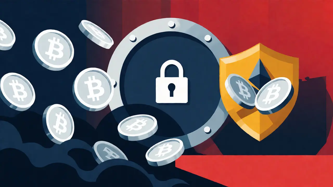 Visual metaphor of crypto assets falling into risk versus secure vaults.
